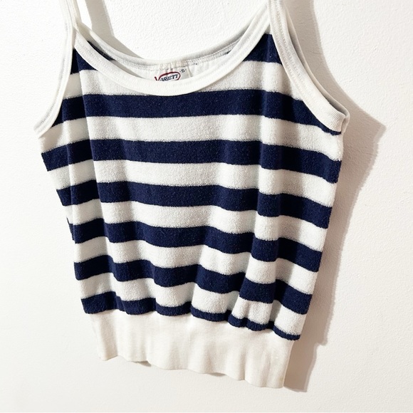 Vintage 1980’s Variety Terrycloth Striped Skinny Strap Tank Top Ribbed Waist💙🤍 - Picture 3 of 6
